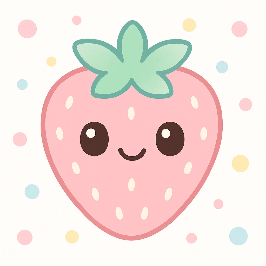 pink strawberry with a cute face, simple and cheerful, kawaii style emoji