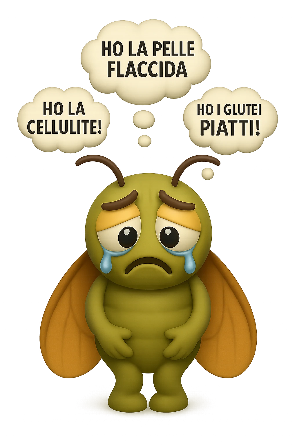 EMOJI STILE IPHONE 3D DI una cicala triste che si tocca le cosce e piange perché non le piace il suo fisico, posa frontale, fagli anche la parte bianca degli occhi, non solo la pupilla, sulla testa della cicala aleggiano i pensieri "HO LA PELLE FLACCIDA", "HO LA CELLULITE!", "HO I GLUTEI PIATTI!" emoji