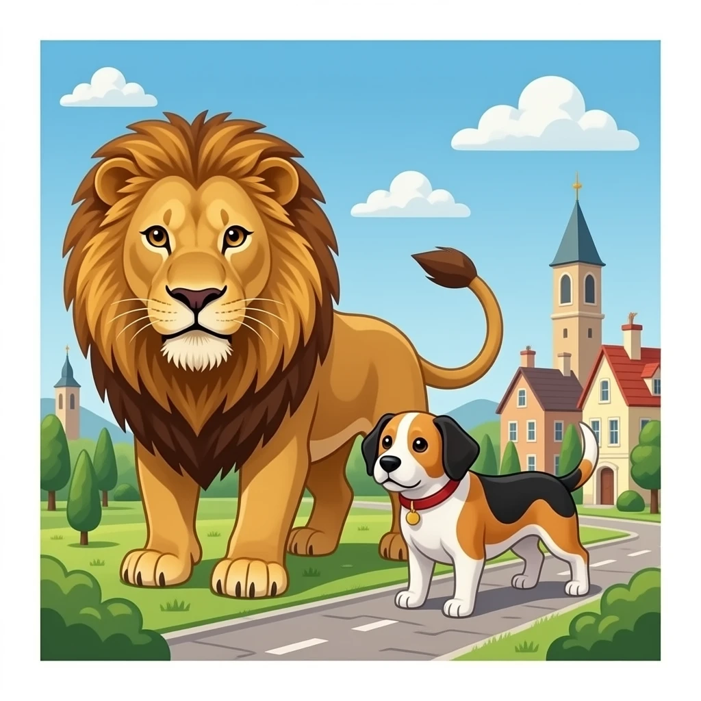 quiero que en un pueblo un leon y un perro esten destrozando el pueblo  pero que no esten las personas emoji