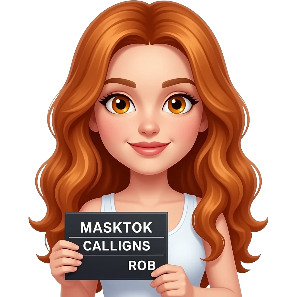 sexy girl with long wavy ginger hair and ginger eyes wearing a white tanktop is holding a black colored sign with MASKTOK CALLSIGN ROB written on it emoji