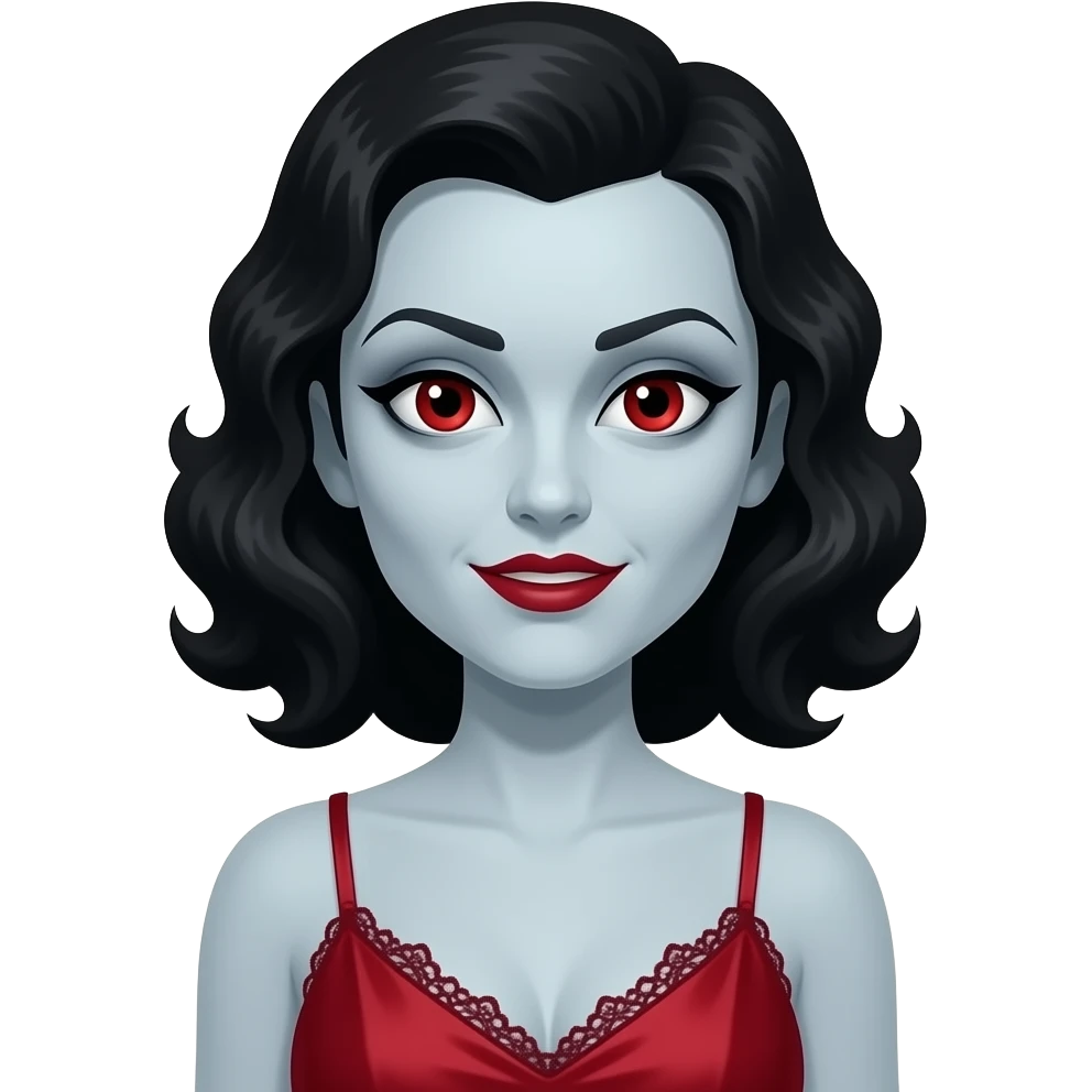 Bride of Dracula from Heroes and Villains with pale-grey skin, red eyes, black 1930s wavy hair, red silk nightgown emoji