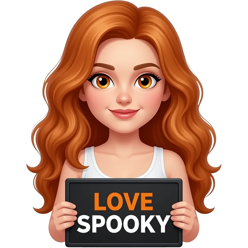 sexy girl with long wavy ginger hair and ginger eyes wearing a white tanktop is holding a black colored sign with LOVE SPOOKY written on it emoji