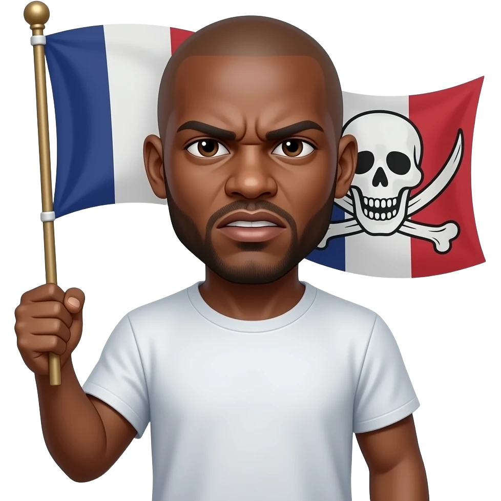 french rapper booba very ressemblant real bald head and no opaque beard et angry eyebrows et unkut teeshirt holding the pirate flag emoji