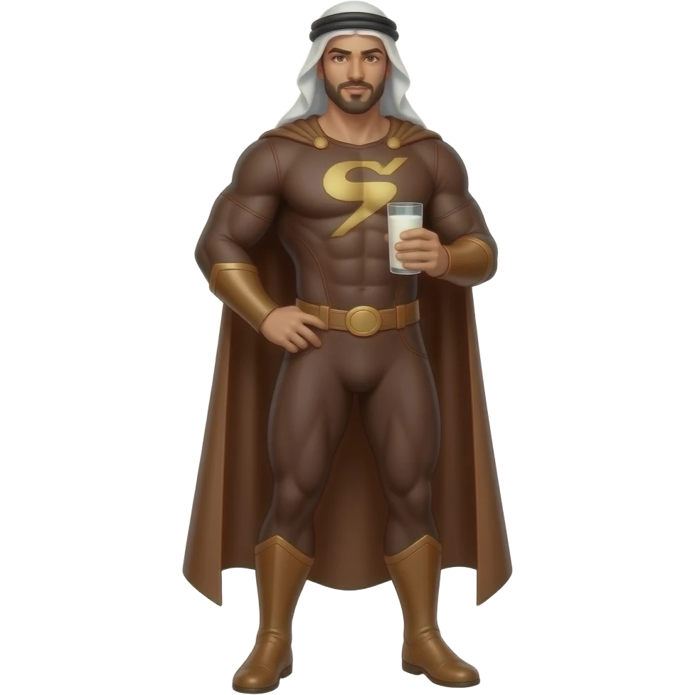 Sexy arab muscle man in full body brown superhero costume holding a glass of milk emoji