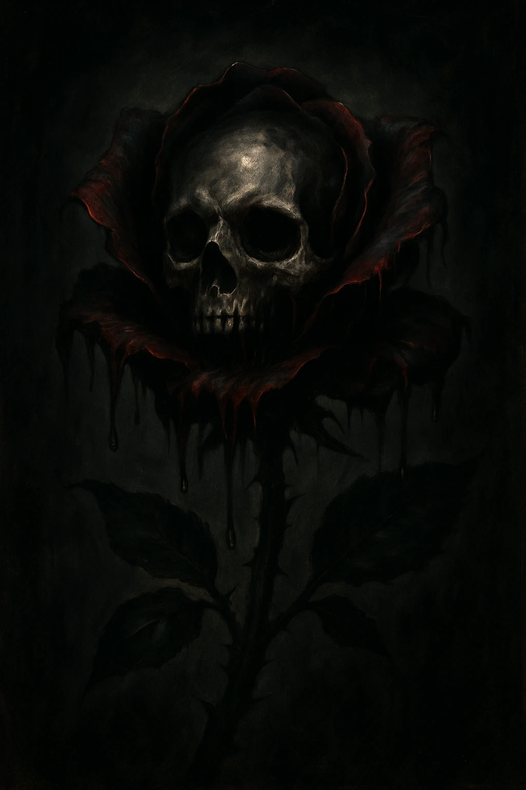 A rose with a skull for a bloom, petals appear to be crying or melting, dark and dramatic gothic style emoji