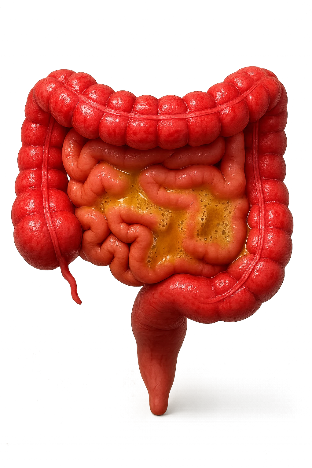 intestino anatomico umano affetto da gastroenterite, diarrea liquida nel colon ben visibile, iperrealistico 4k emoji
