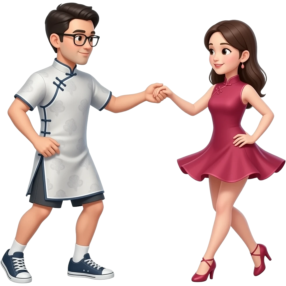 male with glasses in short cheongsam dress (no shorts) and dancing sneakers. show whole body profile with right hand outstretched to grasp a lady dancer's hand. emoji