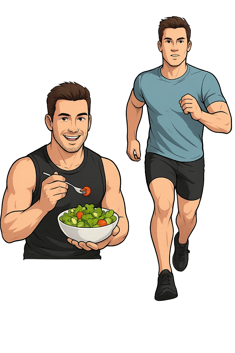 UOMO FITNESS CHE MANGIA INSALATA ACCANTO A UOMO FITNESS CHE CORRE IN POSA FRONTALE emoji