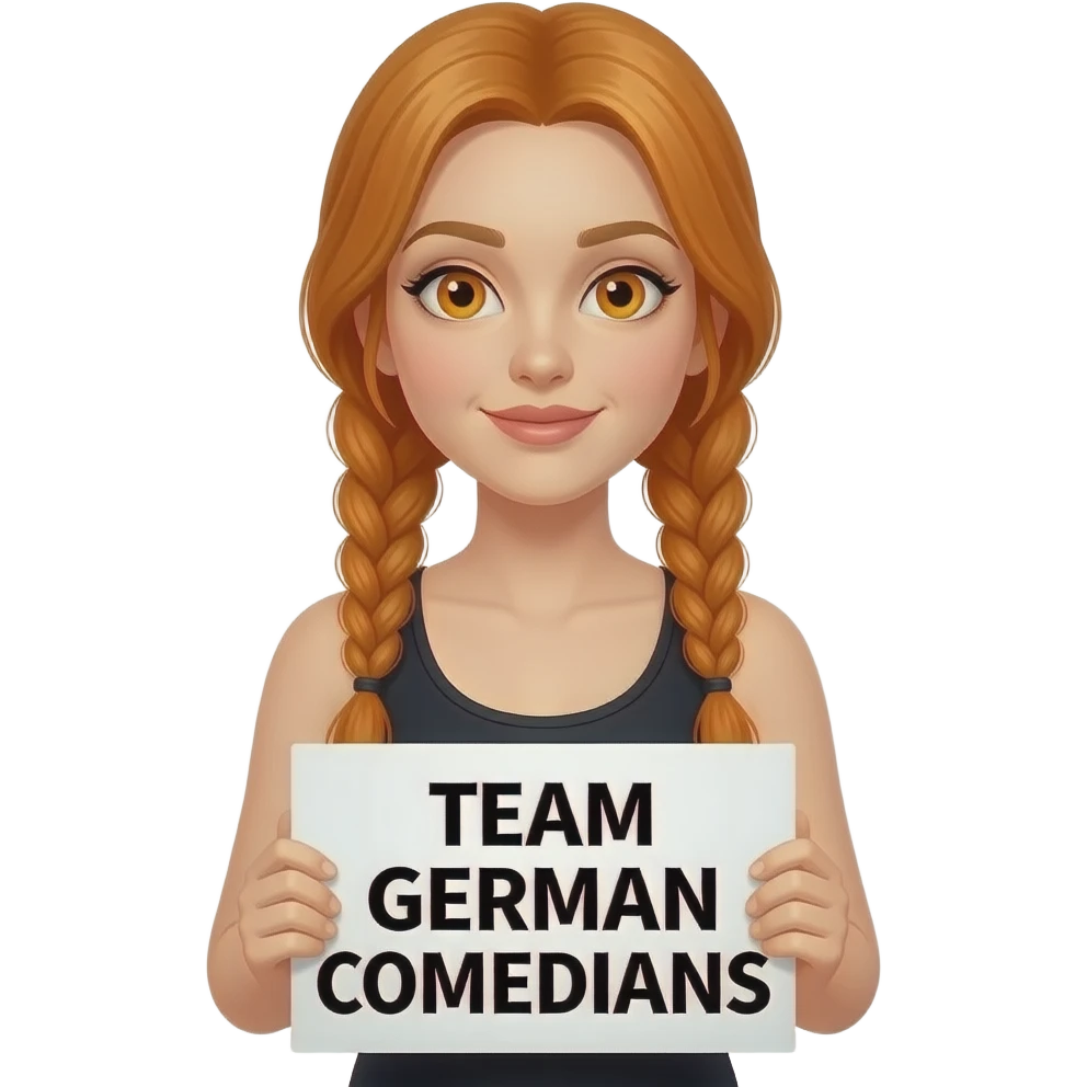 sexy girl with long ginger braids and ginger eyes wearing a black tanktop is holding a white sign with TEAM GERMAN COMEDIANS written on it emoji