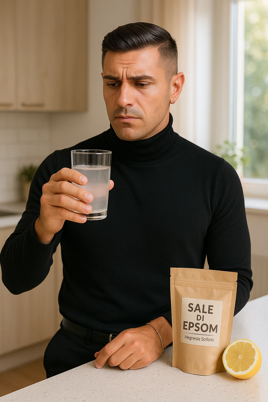 A realistic, bright photo-style image of a young man in his 30s standing in his kitchen, holding a clear glass filled with water in which Epsom salt (magnesium sulfate) has been dissolved. He looks focused but slightly uncertain as he prepares to drink it for a liver flush or digestive cleanse. The glass shows slight cloudiness from the dissolved salt. On the counter are a packet labeled 'Sale di Epsom' and a sliced lemon, suggesting he might use it to mask the taste. The setting is clean, natural, and bright with neutral tones. The background shows sunlight streaming through a window, emphasizing a clean, minimalist health-focused environment. The mood conveys a realistic, calm moment of self-care with a hint of discomfort, illustrating a natural detox practice in italiano emoji