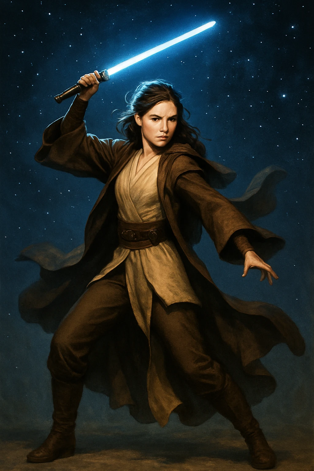 full body female Jedi holding a lightsaber high above her head in an action pose, flowing robes, starry background emoji