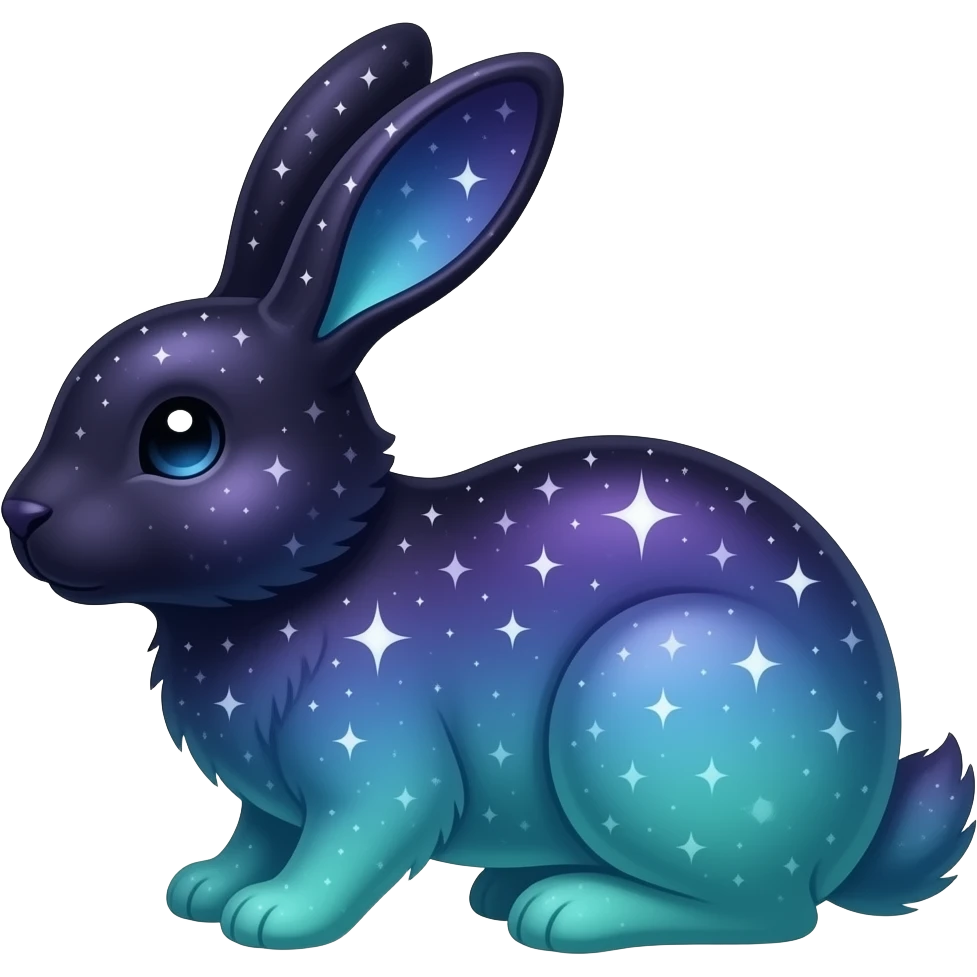 Celestial bunny, black-purple-blue-cyan-green-gradient shimmering shiny galactical starry sparkling, full body emoji