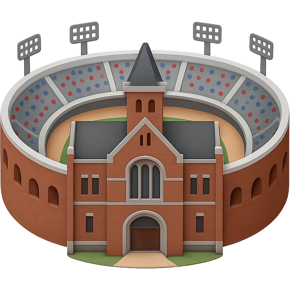 Adjust the emoji of Franklin Field so that the stadium curves around with both ends of the horseshoe-shaped stadium facing the front. Make Weightman Hall much wider as it is in reality. Keep the view focused on the front of Weightman Hall with the stadium surrounding it. Maintain realistic, lifelike detail, accurate colors, and bright lighting. The background should be transparent. emoji