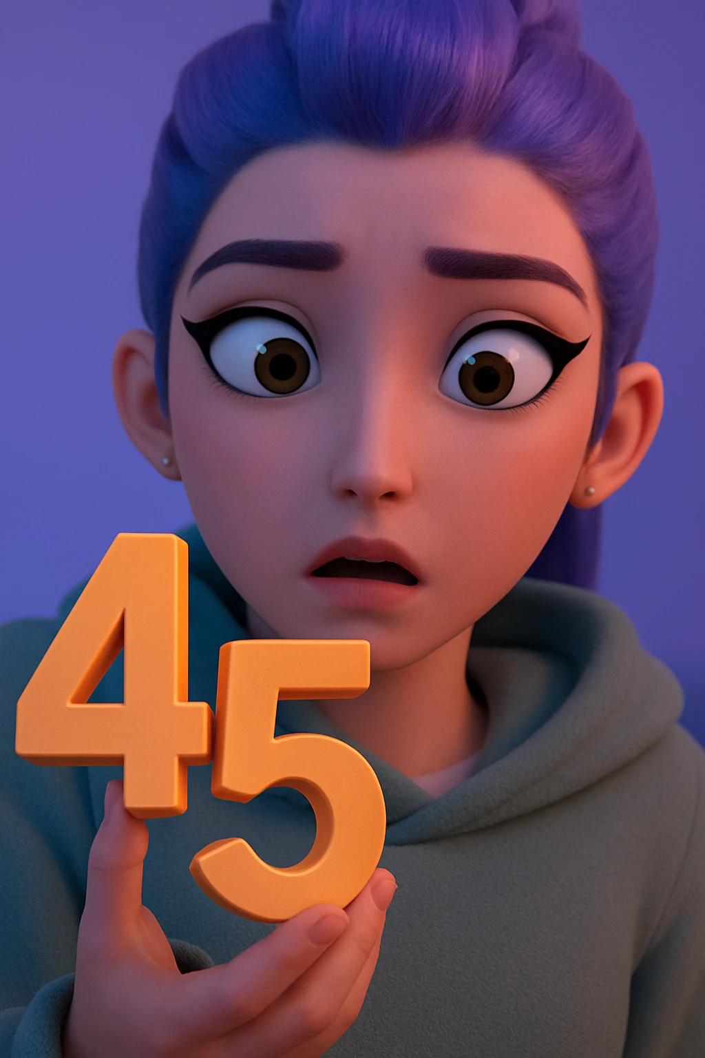 Make the character hold the number 45 in their left hand, keeping the original style and pose. Only add the number 45, do not change anything else. emoji