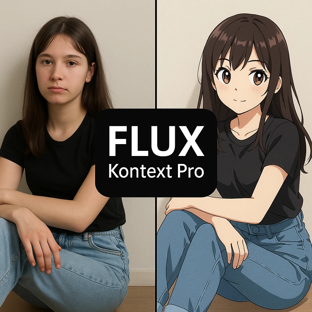 create before after image of a girl before is realsitic photo, after is anime version of her in same pose and clothes, add logo with text of a "FLUX Kontext Pro" in middle in big, black background emoji
