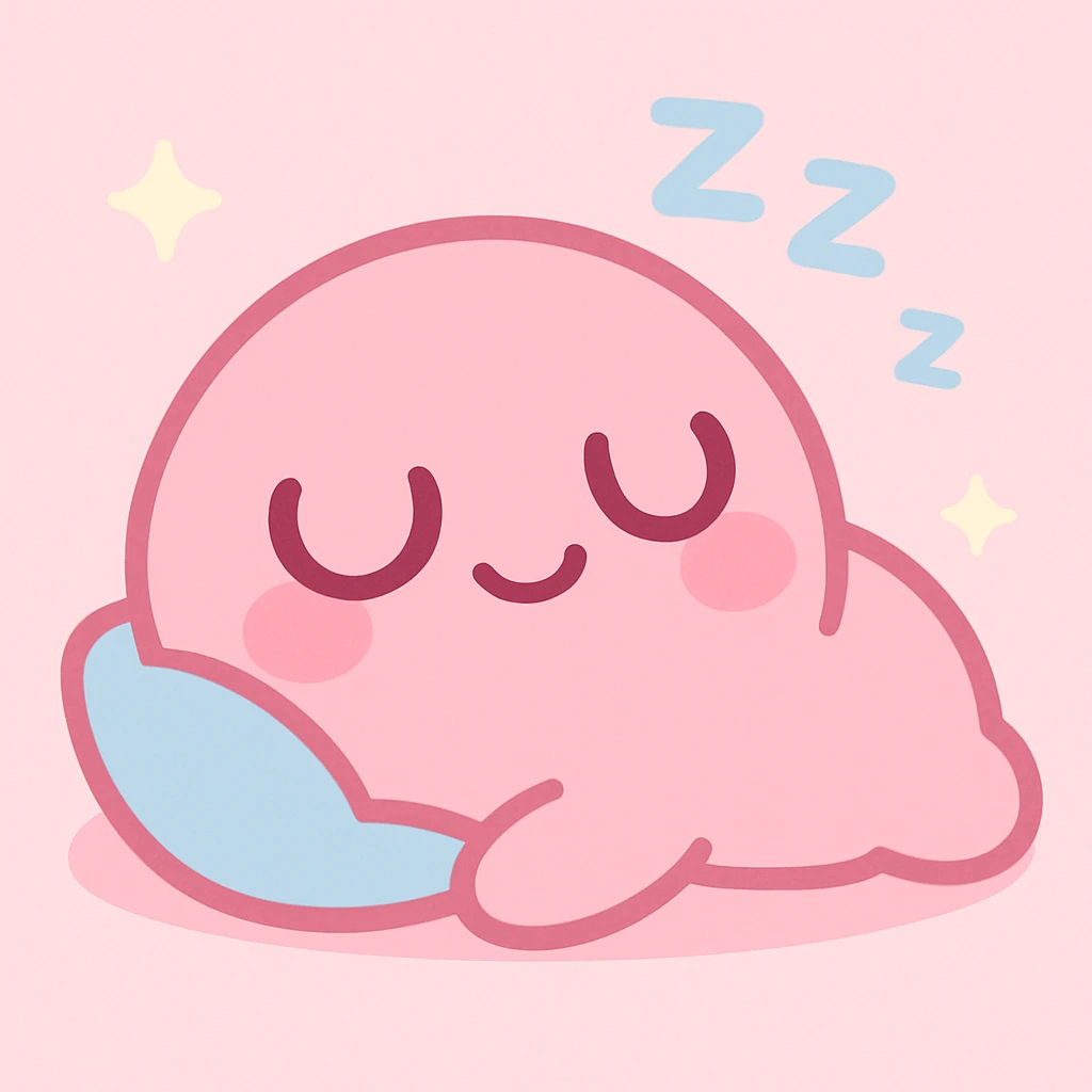 kawaii style pink character sleeping with a silly expression emoji