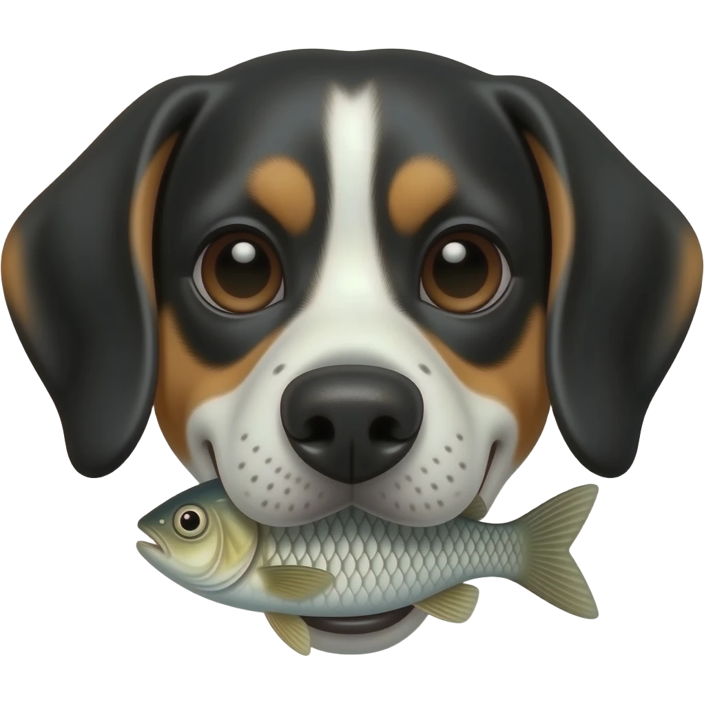 Black white beagle face black ears freckled nose fish in mouth emoji
