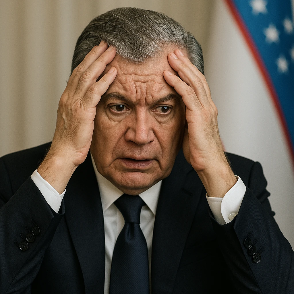 Сгенерируй мне Шавката Мерзиеева (президента Узбекистана) который держится за голову и обеспокоен emoji