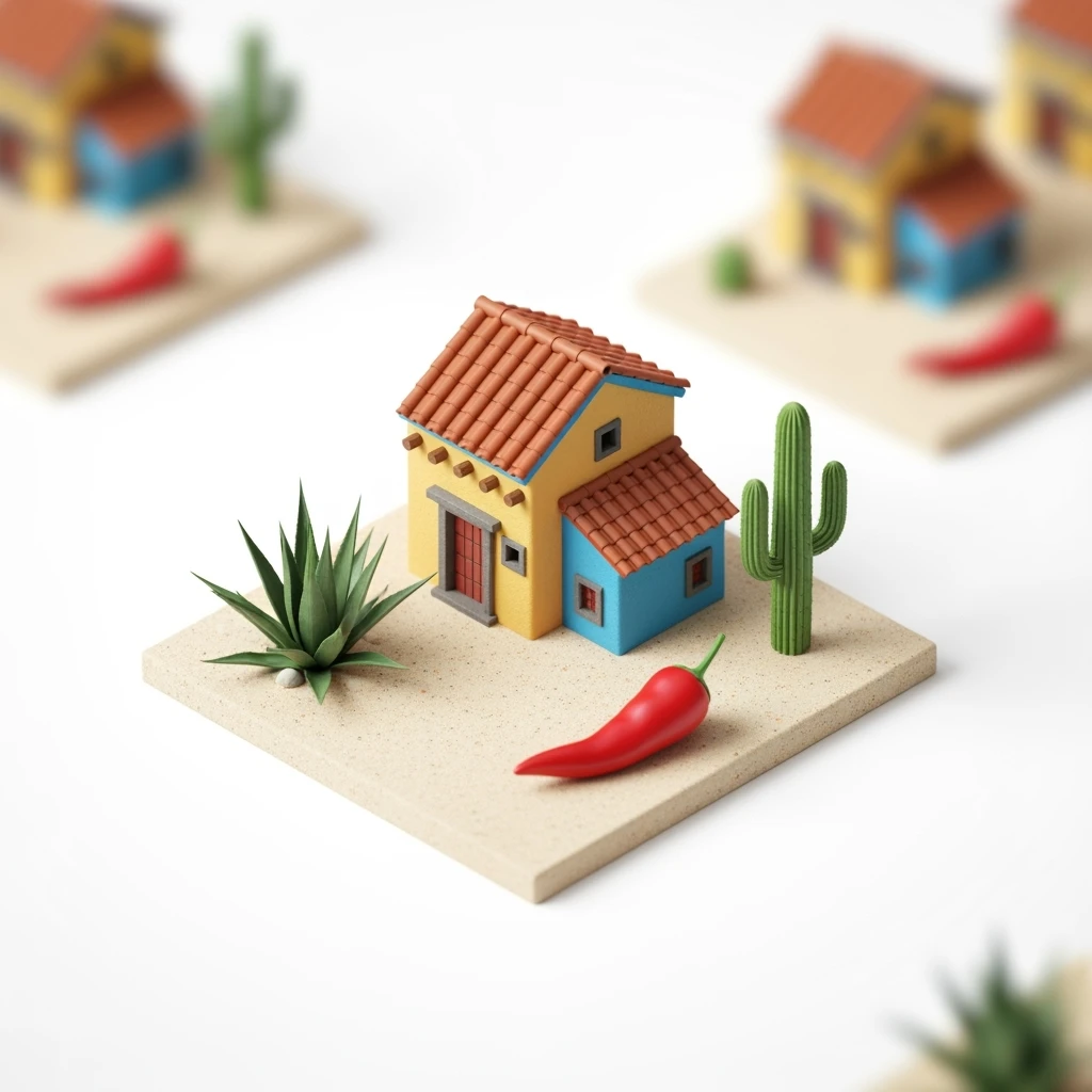 Isometric minimalistic illustration of mix Mexico subtle 3D miniature effect and Tilt Shift effect, no cartoonish look, transparent background. emoji