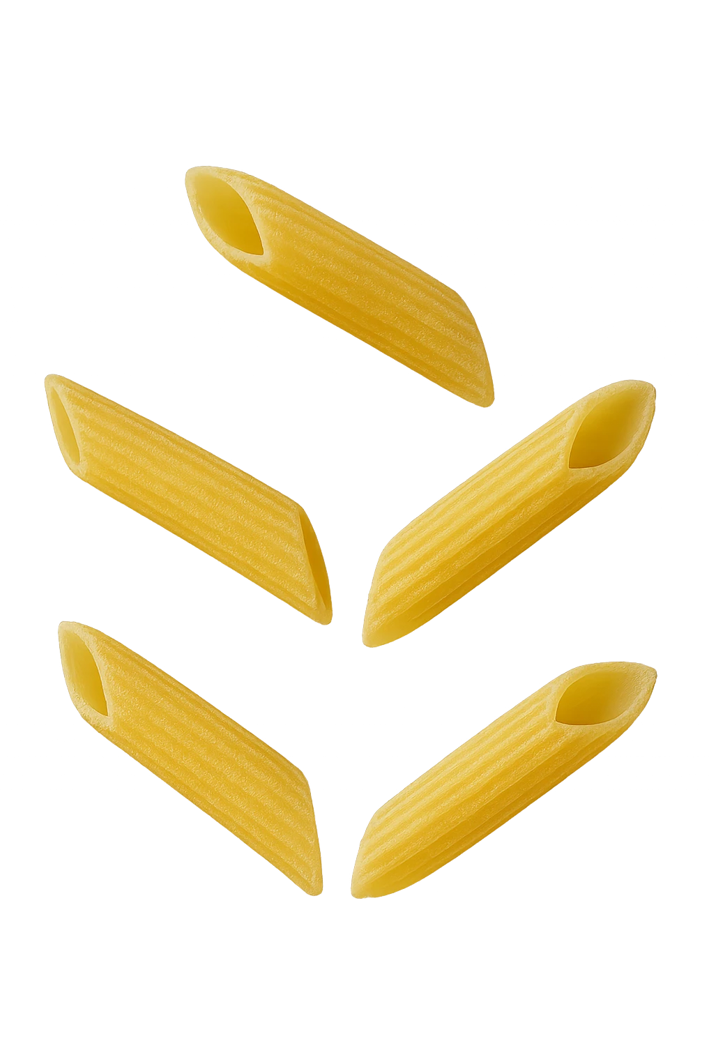 5 PENNE DI PASTA RIGATE FLUTTUANO IN ARIA,  iperrealistico 4k emoji