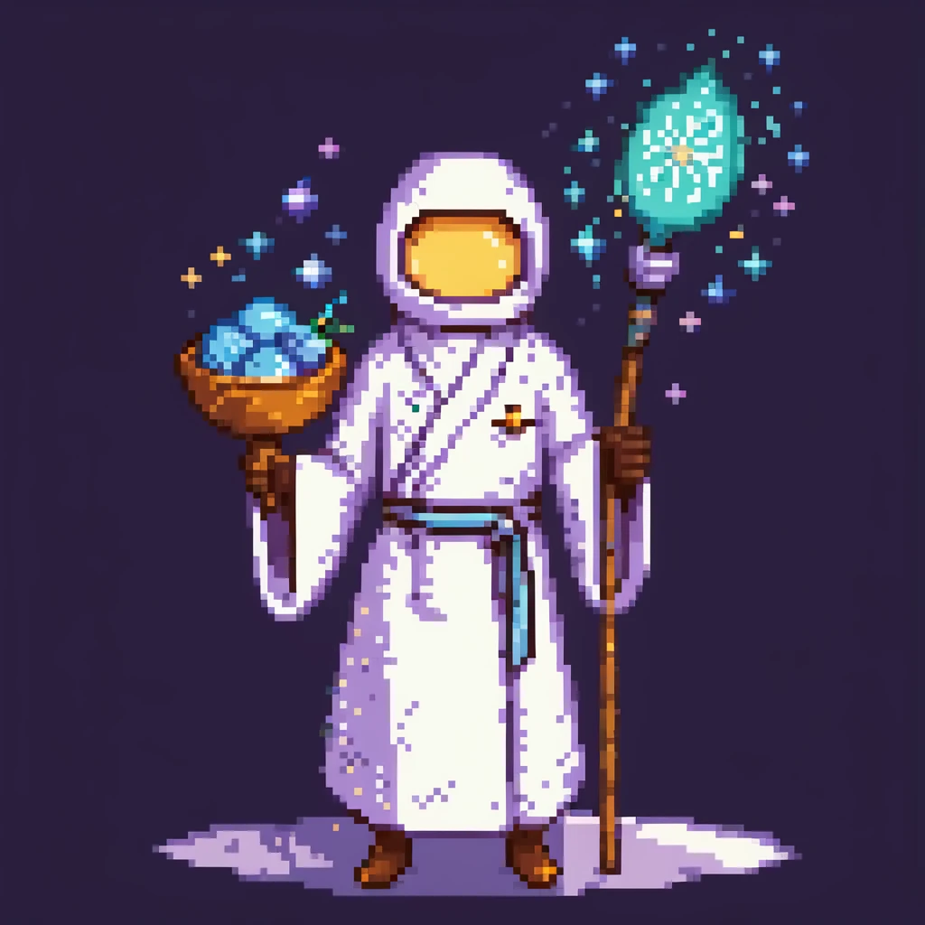Portrait of a galactic baker in skeuomorphism style, same pose and lighting as previous levels, wearing a nebula-textured robe, holding a galaxy-shaped whisk, glowing flour particles floating around emoji