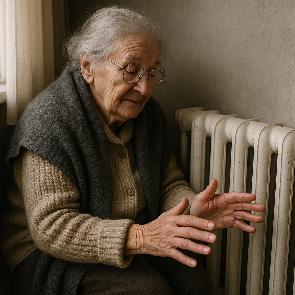 Grandma warms his hands by the heating radiator.  emoji