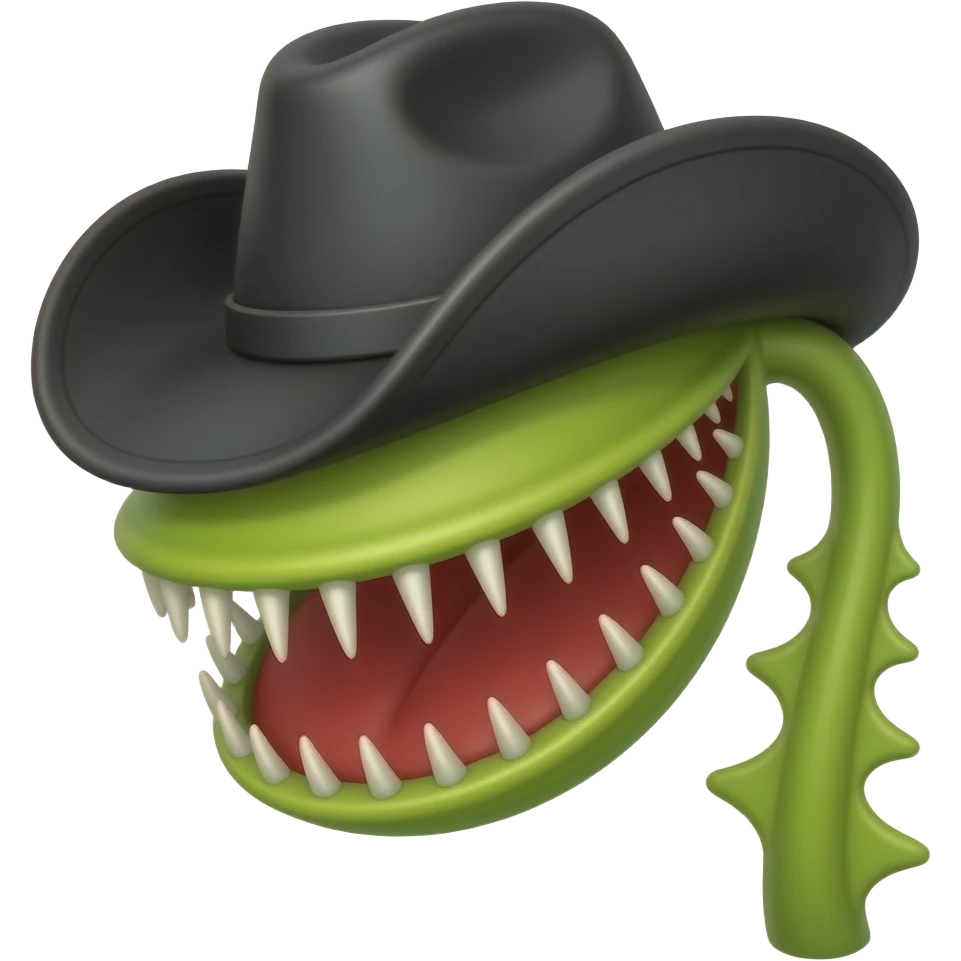 Venere acchiappamosche con il gambo, con bocca di colore rossa, con denti affilati e con un cappello nero da cowboy emoji