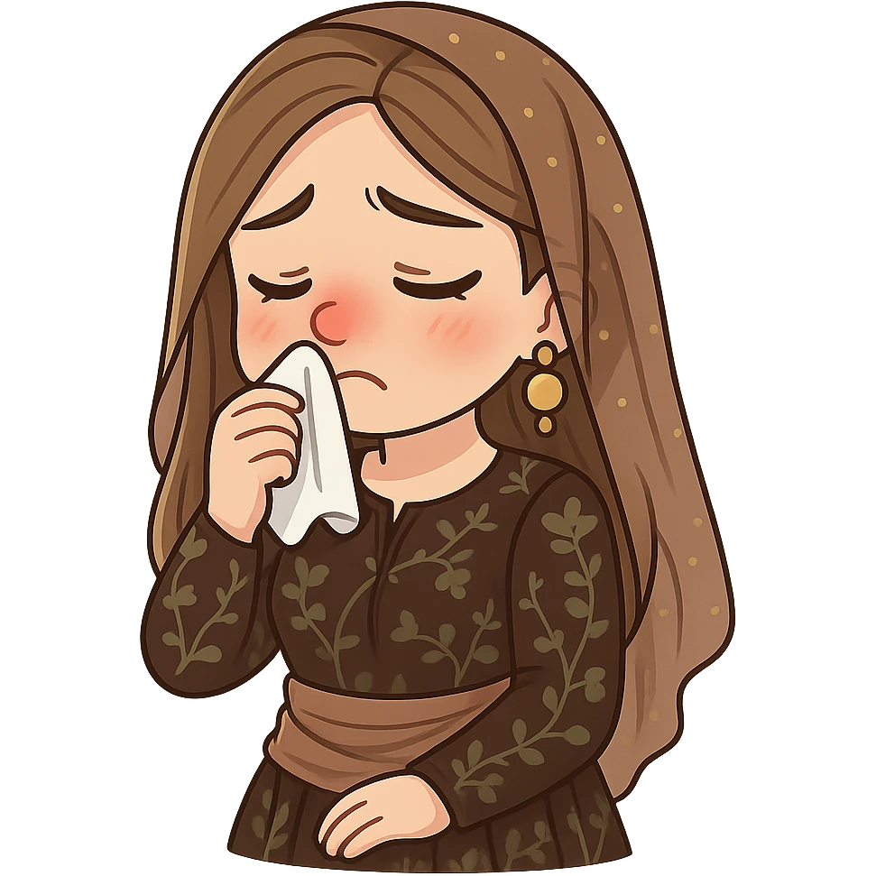 Kurdish cartoon sticker of the same woman in the new dress, sick with a cold, red nose, holding a tissue, sad face, no text, transparent background emoji