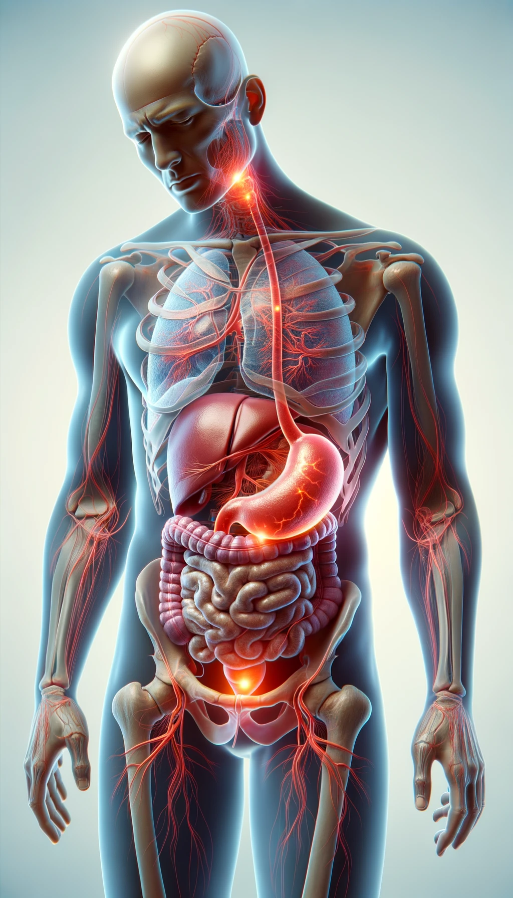 cistifellea umana anatomica realistica e intestino sono collegati nel dolore, sfondo chiaro emoji