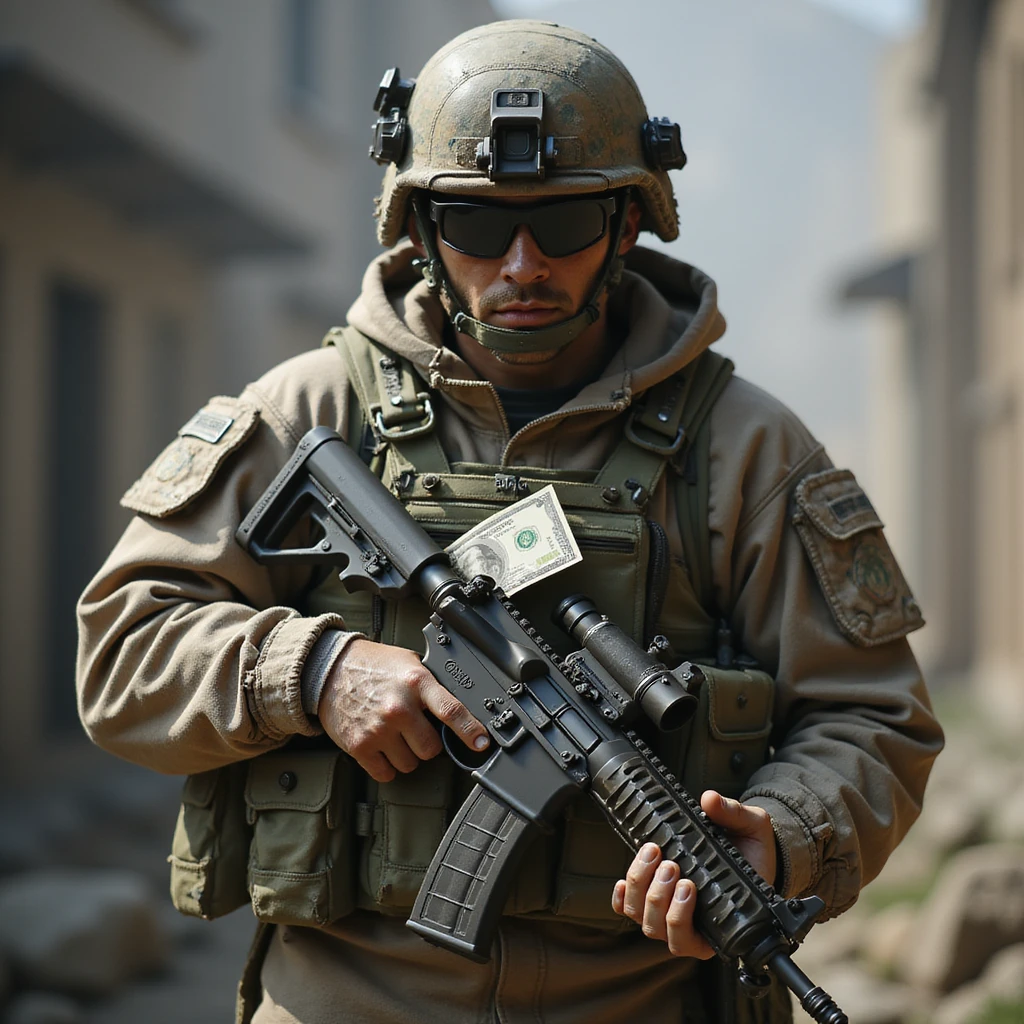 a realistic soldier with cash in hand, detailed, photorealistic style emoji