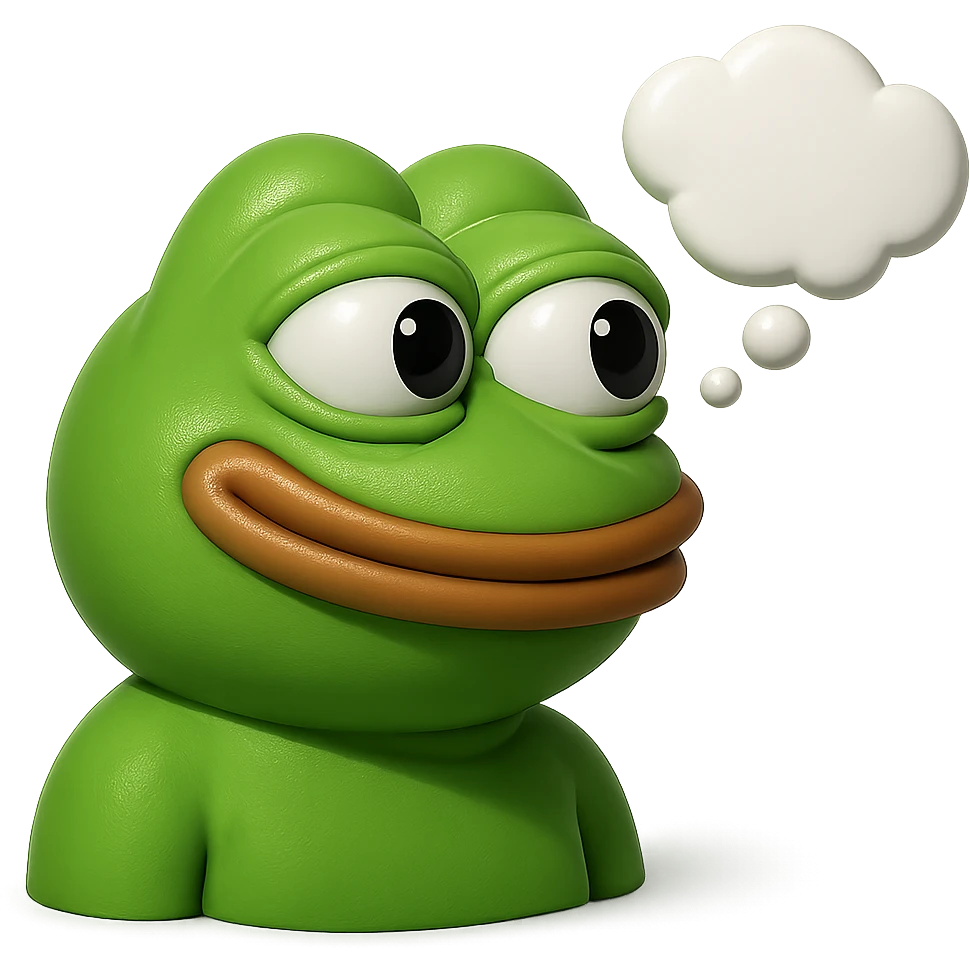 make a pepe in bright green smiling with thought bubble looking at right right in 3d style, good highlights and shadows, drop shadows emoji
