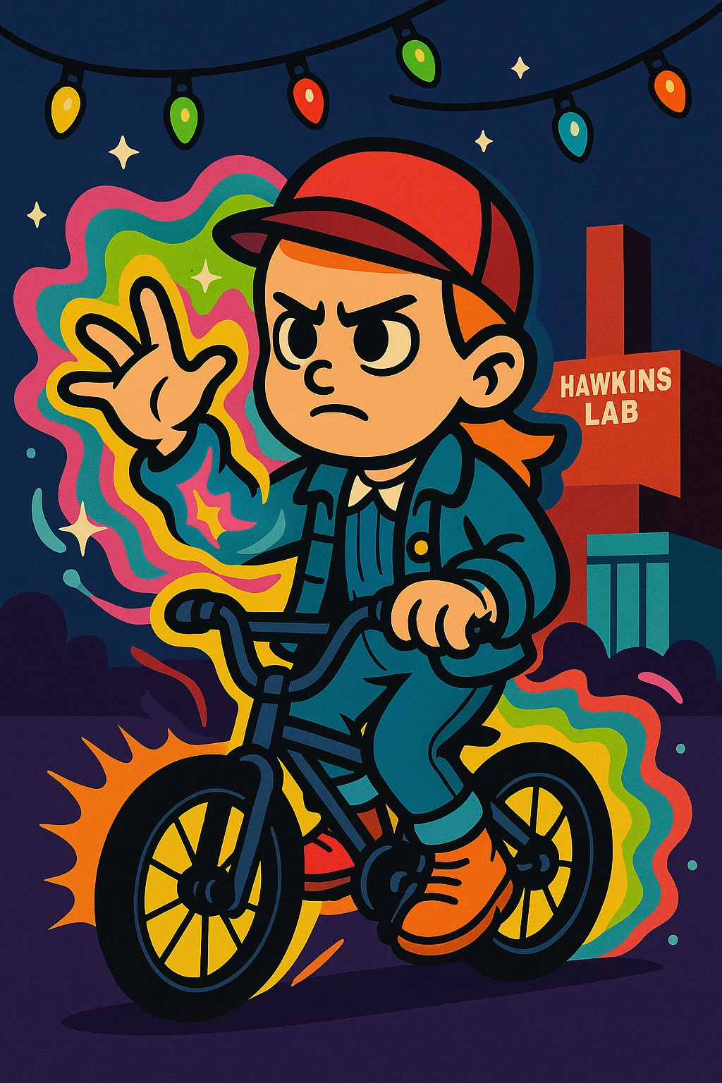 Stranger Things inspired character in vibrant toon style, variation with bicycle, Eleven's powers with supernatural effects, Christmas lights, Hawkins Lab in background. emoji