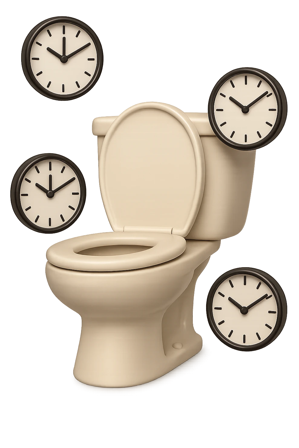 emoji stile iphone di un wc con orologi che gli fluttuano intorno, iperrealistico 4k emoji