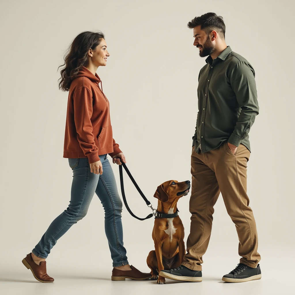 photorealistic scene of a woman leading a man on a leash, both looking relaxed and casual, transparent background emoji