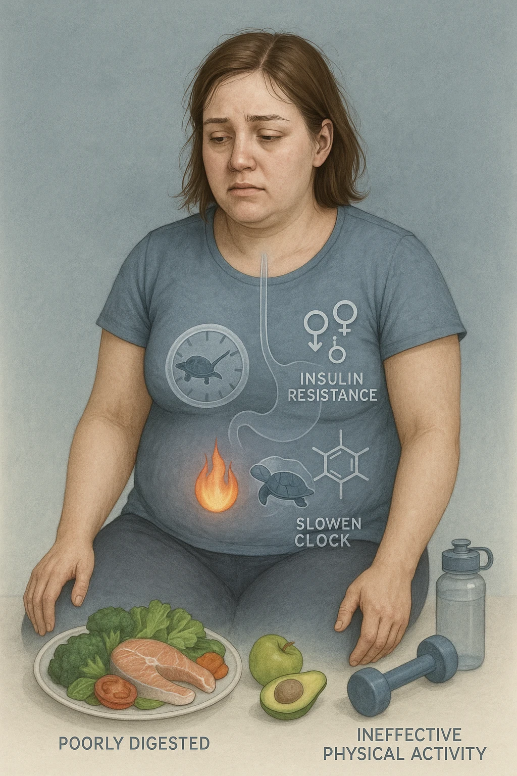 Donna tra i 25 e i 35 anni con fisico leggermente gonfio e postura affaticata, seduta con sguardo stanco. In trasparenza sul suo corpo, si vedono elementi simbolici: una fiamma metabolica molto piccola nel centro dell’addome, una tartaruga accanto a un simbolo di orologio rallentato, indicatori visivi di insulino-resistenza e squilibri ormonali. Intorno a lei: cibo sano non digerito bene, attività fisica poco efficace. Colori spenti attorno al corpo, con toni freddi e lentezza visiva. Stile realistico con elementi infografici e simbolici integrati emoji