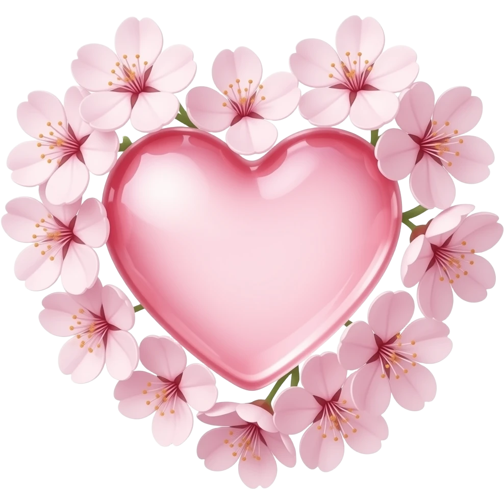 a smaller pale pink transparent heart and surrounded with cherry blossom emoji