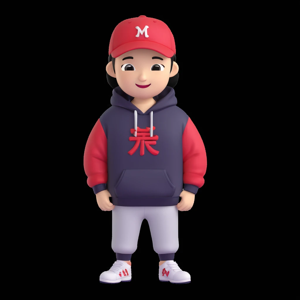 memoji-style Chinese American character for a profile photo, wearing a hoodie and a backwards baseball cap, smiling, simple background emoji