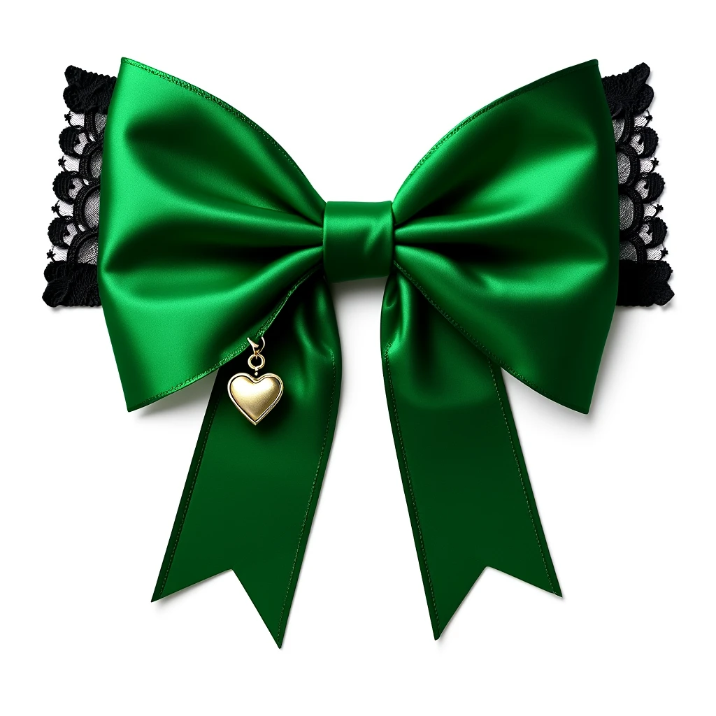 green gothic bow with black lace trim and heart charm, remove background emoji