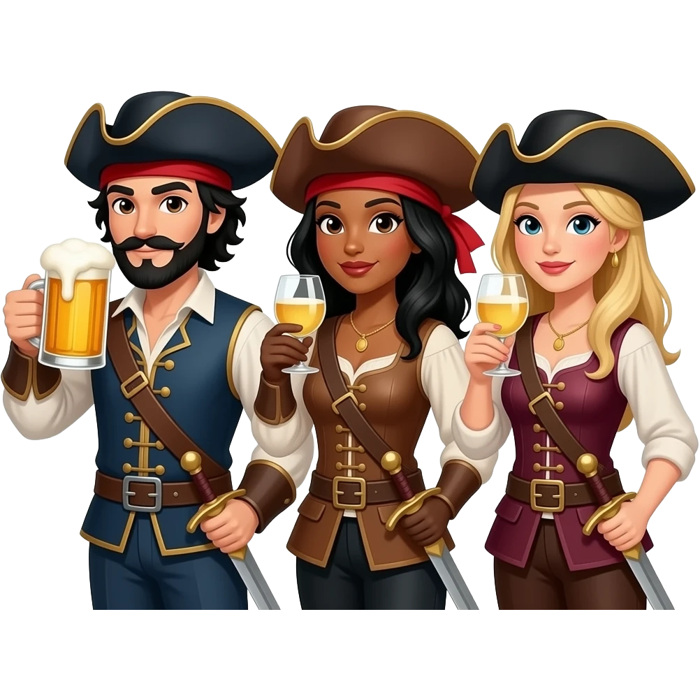 Three musketeers with swords and hats. One guy with black hair, beard and dark brown eyes, one girl with black hair and tanned skin and one girl with blond hair. The guy is drinking beer and the girls white wine. emoji