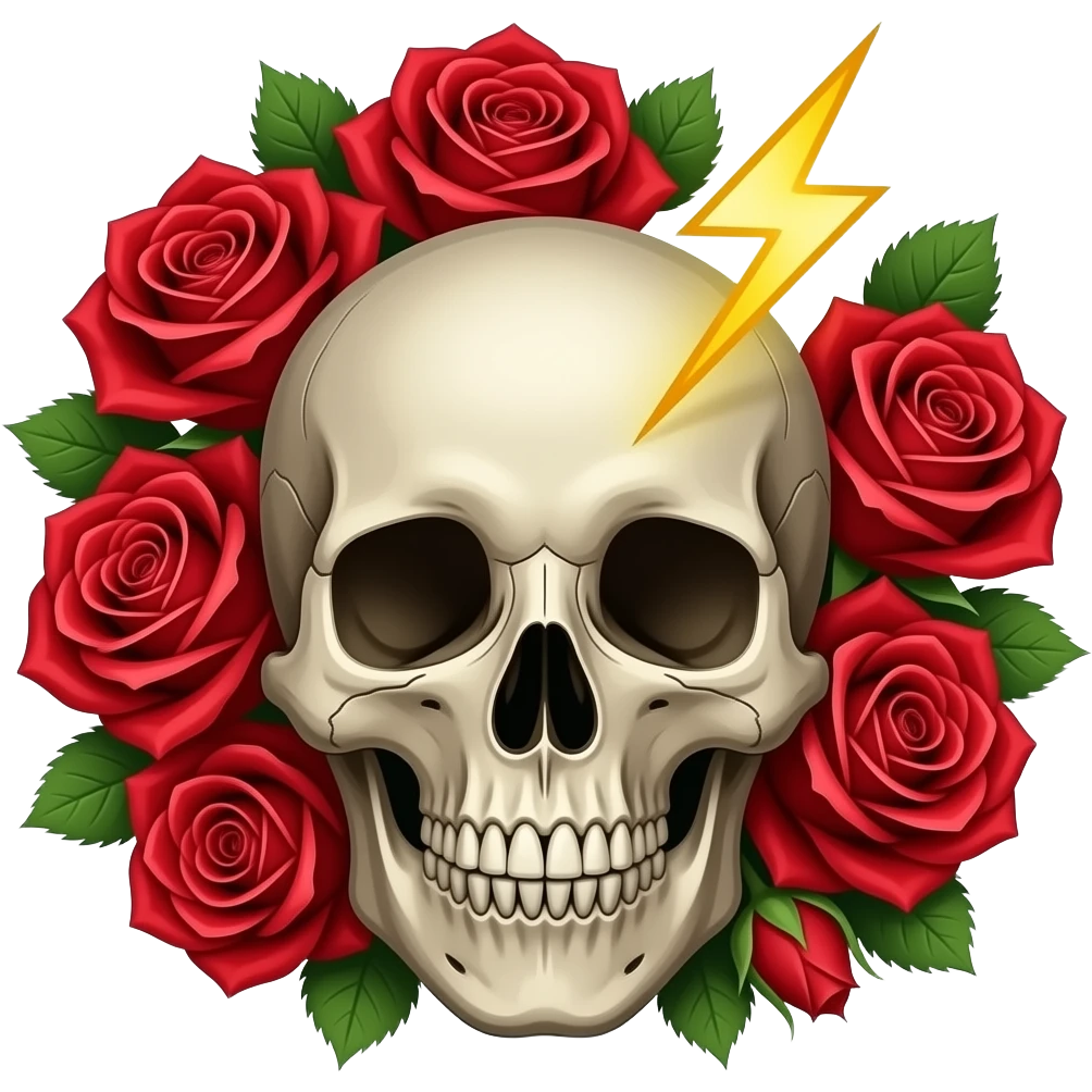 Skull surrounded by red roses with a 13 point lightning bolt behind emoji