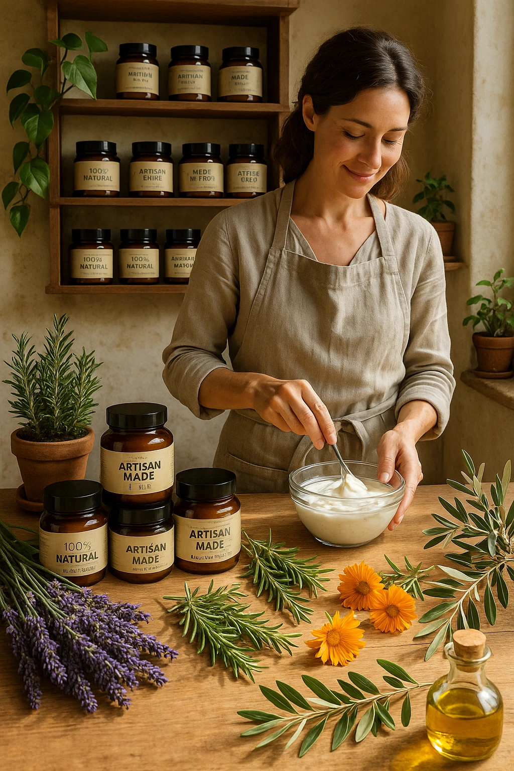 A realistic, high-quality photo of a small artisan skincare laboratory in Italy, with wooden shelves displaying beautifully packaged glass jars of natural creams made with herbal and botanical extracts, olive oil, and essential oils, clearly labeled ‘100% Natural’ and ‘Artisan Made in Italy’. The scene includes a bright, sunlit rustic workspace with plants, fresh lavender, rosemary, calendula flowers, and olive branches on the wooden counter, symbolizing purity and nature. A female artisan in a linen apron is carefully mixing creams in a glass bowl, smiling softly. The environment feels warm, authentic, and eco-friendly, emphasizing the concept of handcrafted skincare without synthetic chemicals in italiano emoji
