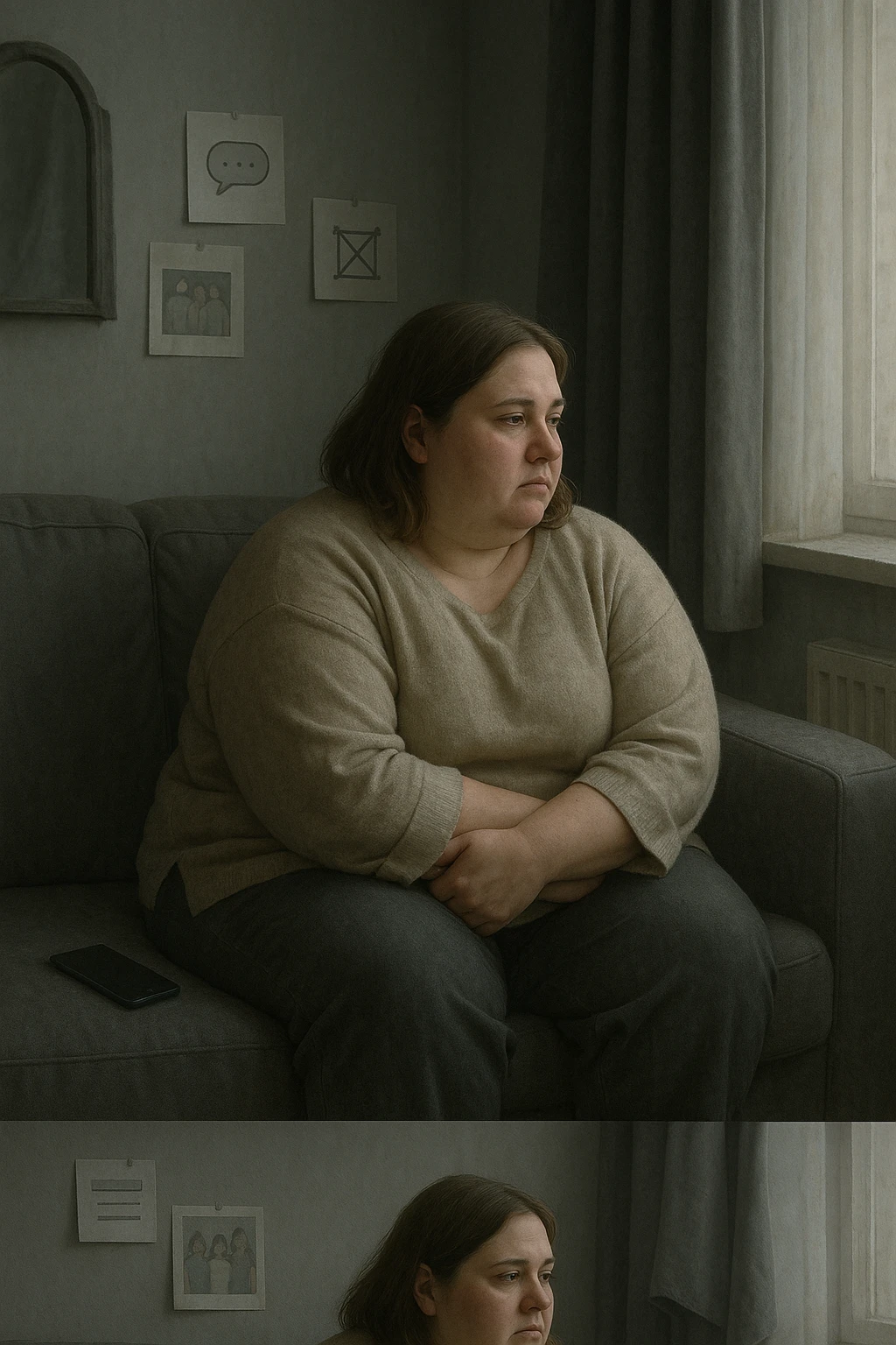 Donna tra i 30 e i 40 anni seduta sola su un divano, con espressione malinconica e corpo visibilmente appesantito. Indossa abiti larghi, avvolgenti, e guarda fuori dalla finestra mentre il telefono è spento o con notifiche ignorate accanto a lei. Sullo sfondo, si notano segnali di vita sociale assente: messaggi non letti, inviti ignorati, foto di gruppo a cui non partecipa. L’atmosfera è silenziosa, con luce grigia e ambiente spento. Intorno a lei, simboli di ritiro e insicurezza: tende chiuse, specchio coperto, postura chiusa. Stile realistico, tono delicato ed emotivo emoji