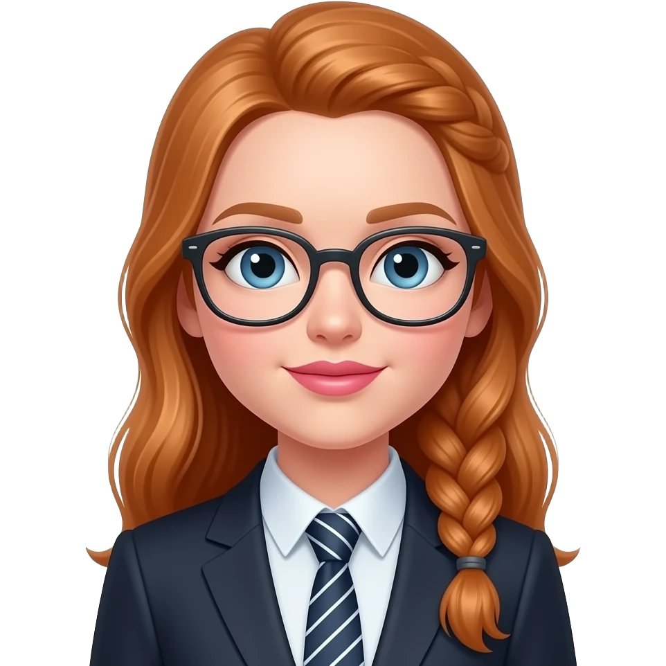 white girl with long light red hair braided and blue eyes with glasses and pink lips in a suit emoji