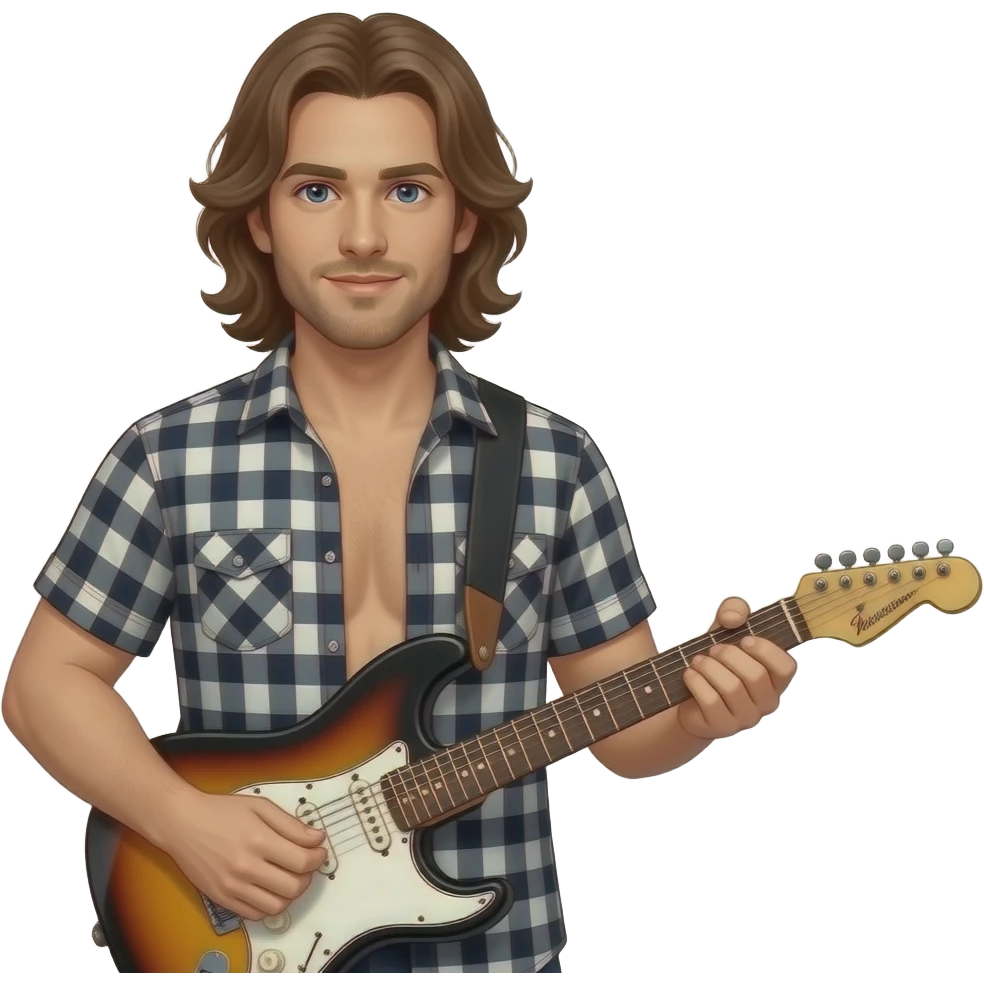man with long brown hair, electro guitar, completely opened checkered shirt, to see brest,   logo "pearl jam"  good readableon shirt emoji