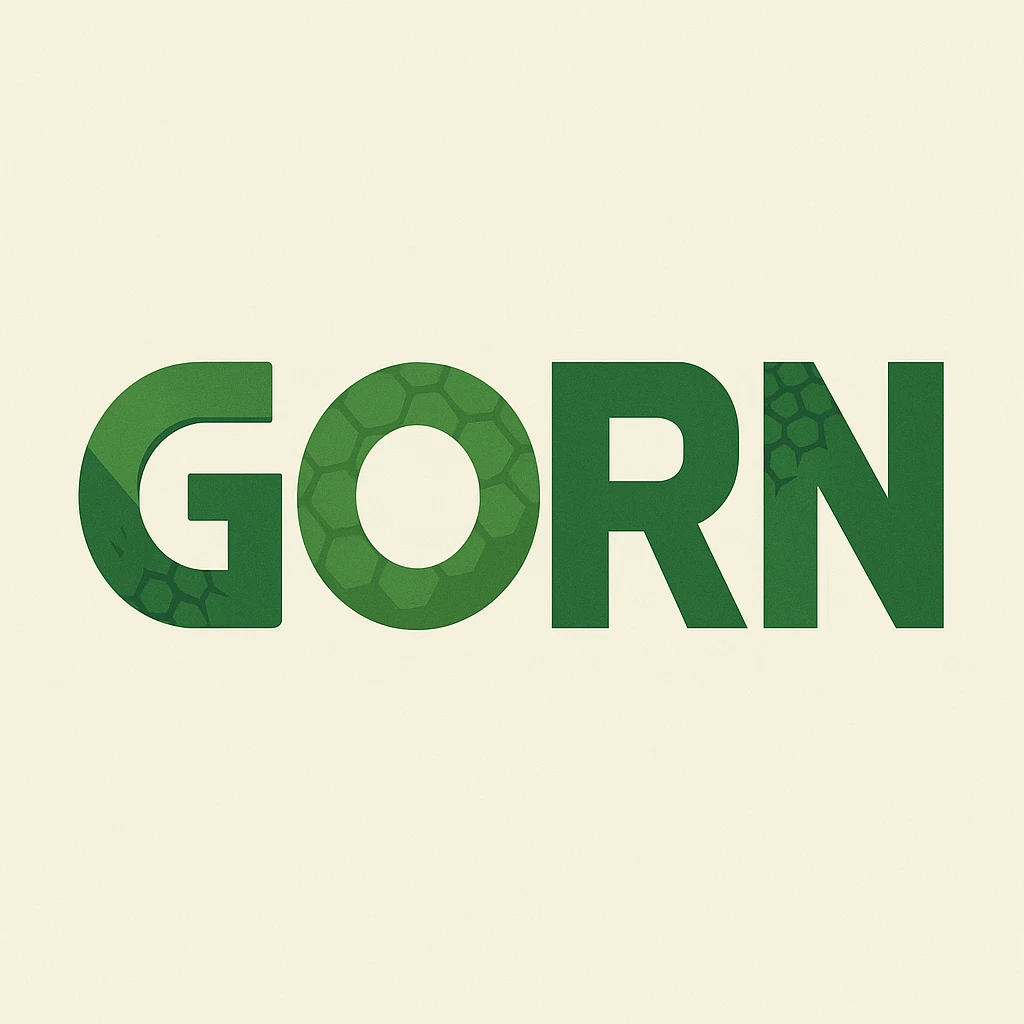 The word 'GORN' in a minimalist, flat design, using simple shapes and a green color palette to suggest a reptilian theme. emoji