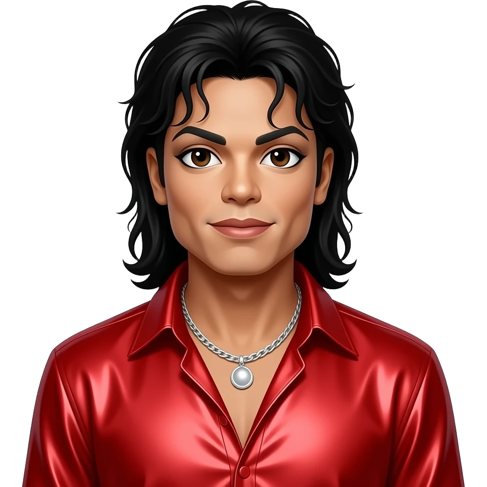 Michael Jackson with dark brown eyes, black hair, red metallic open dress shirt, silver necklace emoji