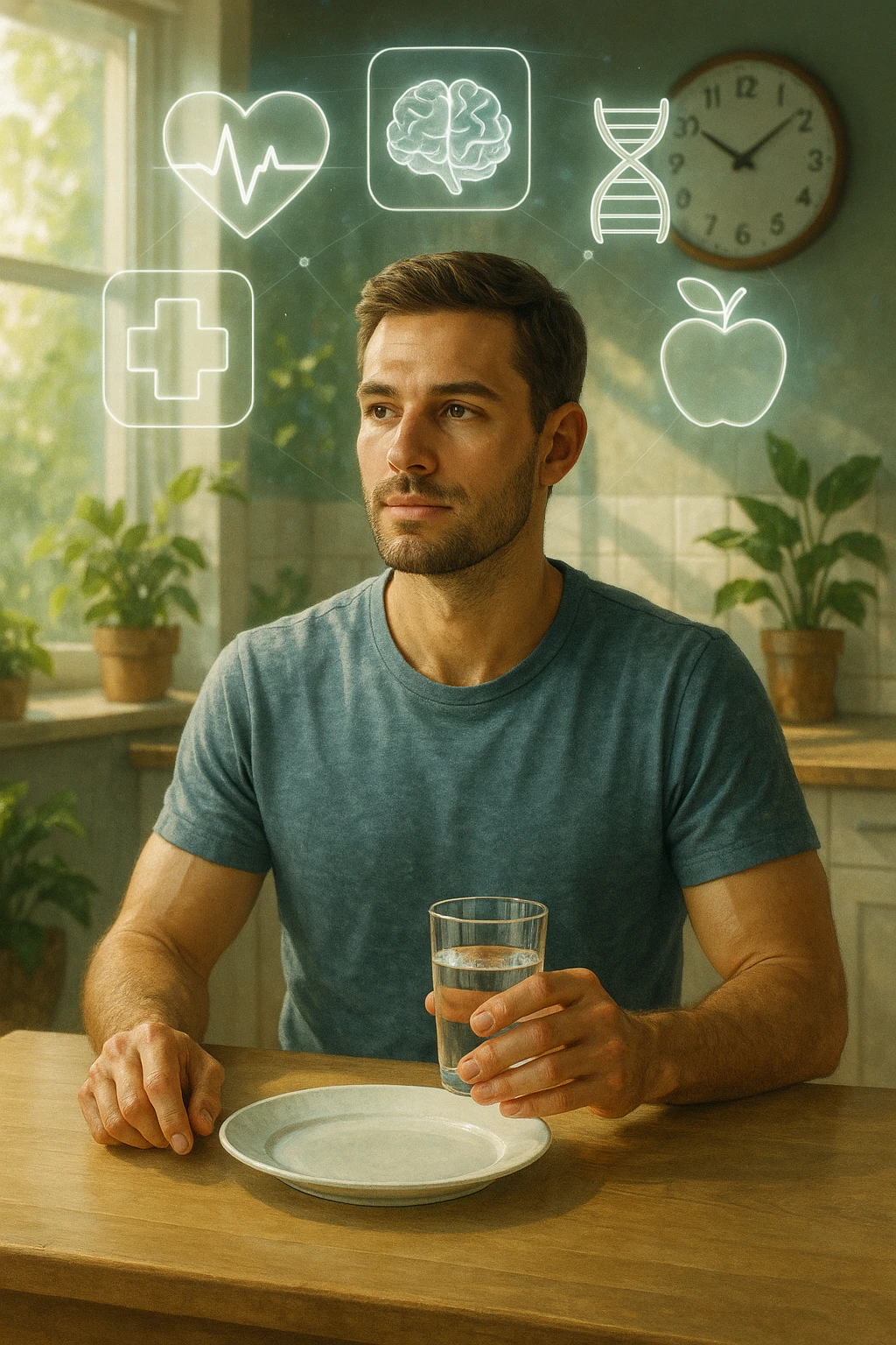 A realistic, cinematic illustration of a healthy, calm man in his early 30s sitting in a bright kitchen in the morning, with an empty plate in front of him and a glass of water in his hand, looking serene and focused. Behind him, the background shows subtle symbols of health: green plants, sunlight streaming in, and a blurred wall clock showing 10:00, symbolizing the fasting window. Above the man, a translucent overlay of medical icons (heart, brain, DNA strand) glows softly, illustrating that intermittent fasting acts as a powerful medicine, not merely a diet. The color palette is fresh and natural, emphasizing health, clarity, and focus. The style is realistic with slight cinematic tones, conveying that the man is using intermittent fasting as a tool for cellular regeneration, inflammation reduction, and health optimization rather than weight loss emoji