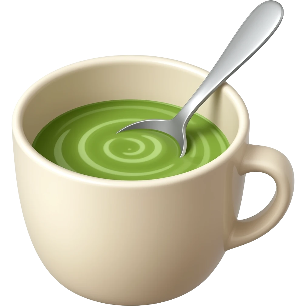 Minimal emoji-style illustration of a matcha drink being stirred in a cup. Light beige (off-white) cup with green matcha liquid, a spoon gently stirring creating soft swirl motion. Clean, simple shapes, smooth gradients, soft green tones, centered composition, minimal background. emoji