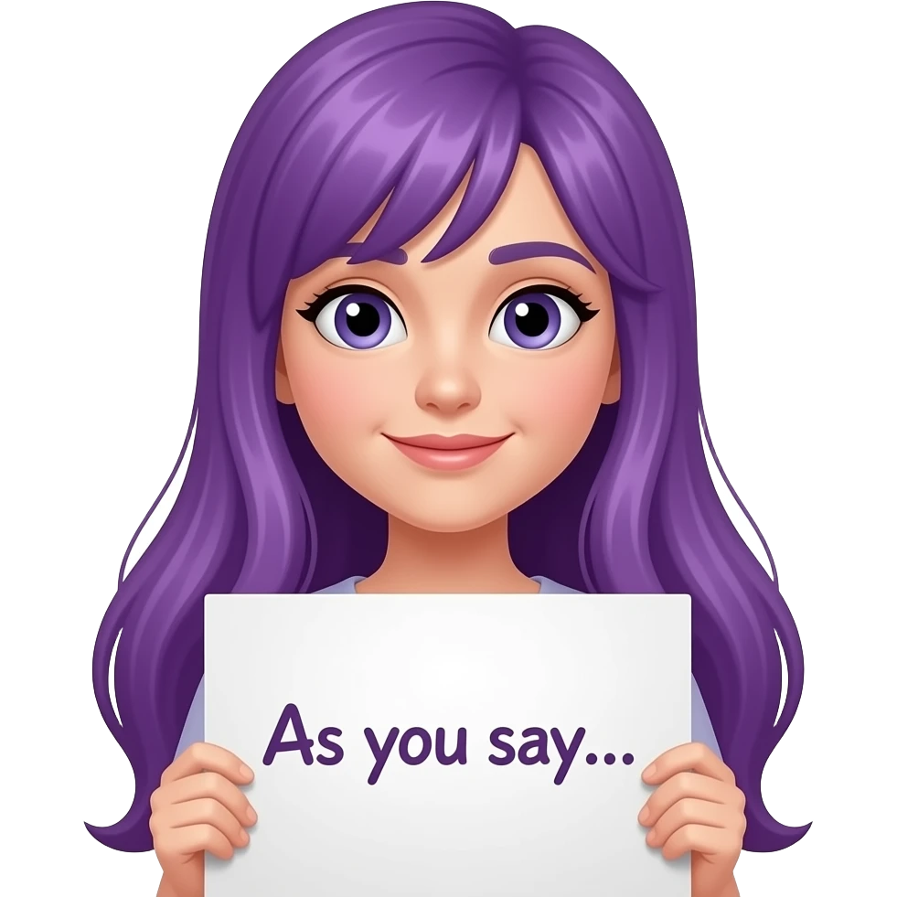 girl with long purple hair with a As you say... sign emoji