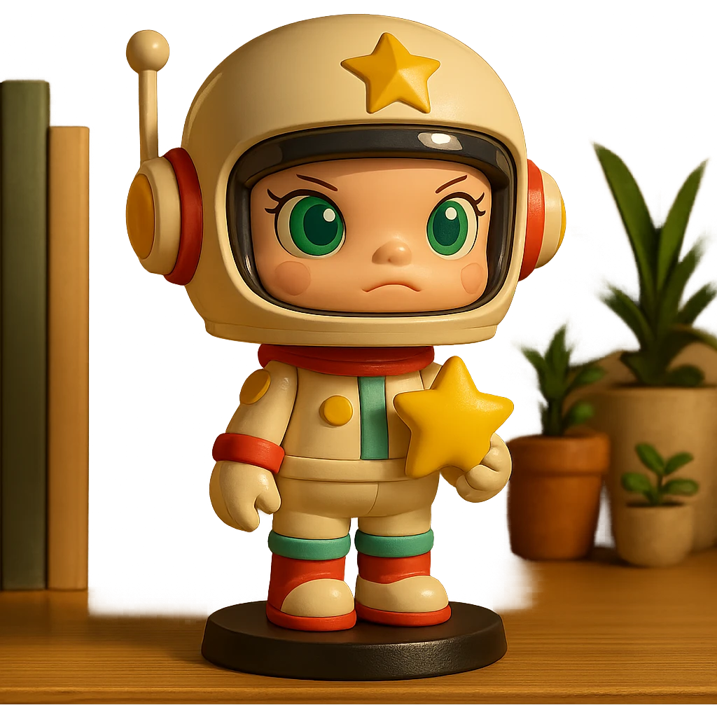 space molly as a doll cartoon, holding a star, large head, small body, toy-like details emoji